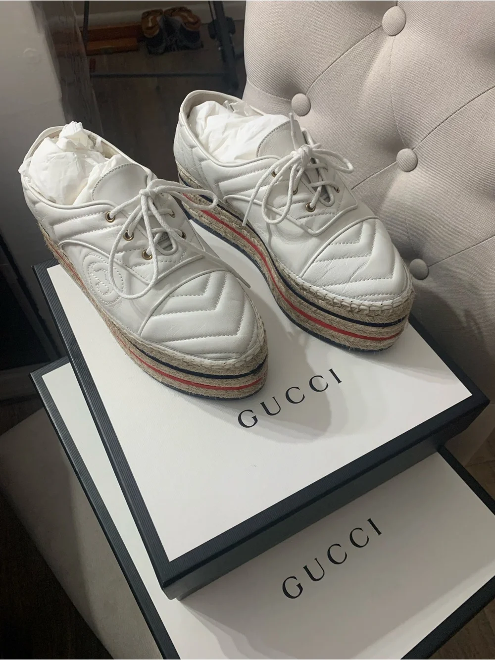 Gucci White Leather Platform Espadrille Sneakers with Red and Blue Stripe